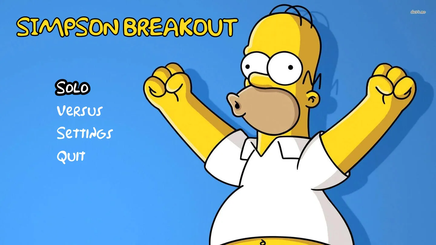 Menu principal du jeu : le titre « Simpson Breakout » et les entrées Solo, Versus, Settings et Quit, à côté d’Homer Simpson les bras levés.