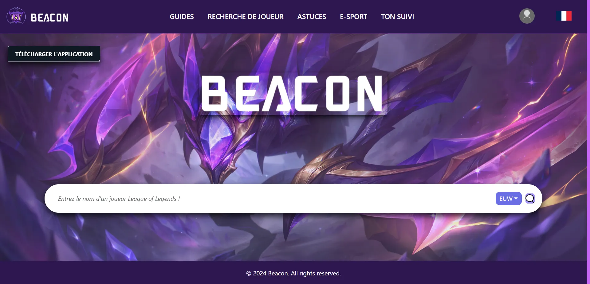 Page d’accueil de Beacon : un champ de recherche de joueur League of Legends sous le logo, et un menu Guides, Recherche de joueur, Astuces, E-sport, Ton suivi.