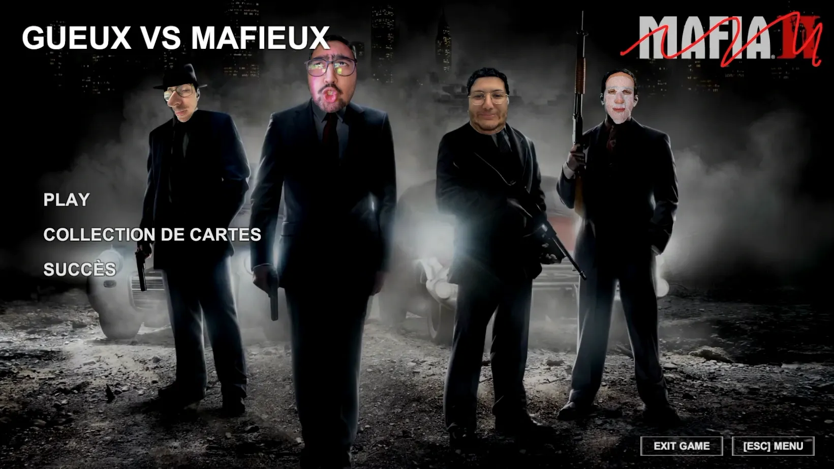 Main menu of Gueux VS Mafieux: the title and the Play, Card collection and Achievements entries, in front of four characters in suits.