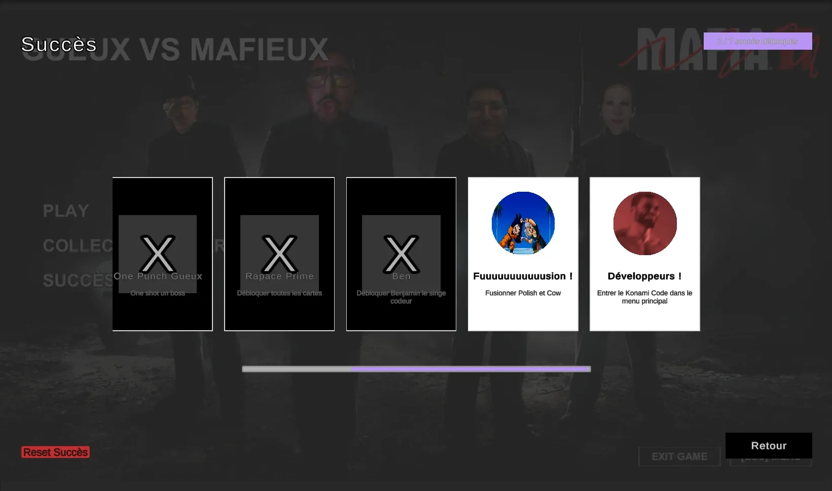 Achievements screen: five achievements, two of them unlocked, and a progress bar.